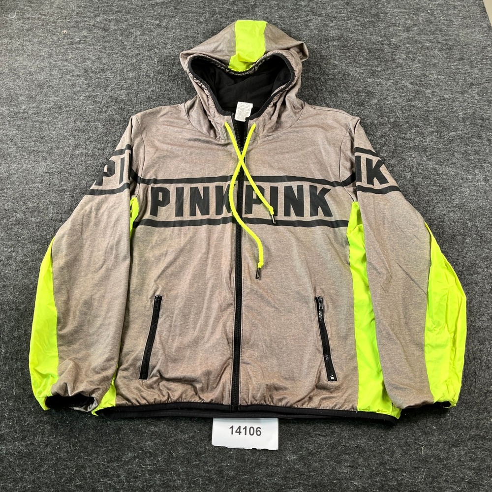 Pink Victoria's Secret Windbreaker Jacket Womens M/L Gray Cotton Hooded Full Zip